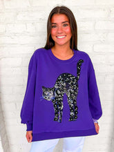Load image into Gallery viewer, Queen Of Sparkles Purple &amp; Black Sequin Flower Cat Sweatshirt