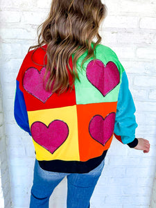 Queen Of Sparkles Rainbow Colorblock Rhinestone Heart Sweatshirt