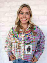 Load image into Gallery viewer, Queen Of Sparkles Colorblock Plaid Mardi Gras Beads Button Up Top
