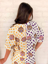 Load image into Gallery viewer, Queen Of Sparkles Licensed LSU Mascot Polka Dot Colorblock Button Up Top
