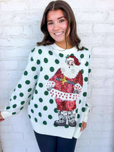 Load image into Gallery viewer, Queen Of Sparkles White &amp; Green Polka Dot Sequin Santa Sweater