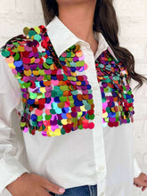 Load image into Gallery viewer, Queen Of Sparkles White Multi Paillette Button Up Cotton Top