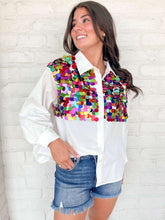 Load image into Gallery viewer, Queen Of Sparkles White Multi Paillette Button Up Cotton Top