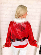 Load image into Gallery viewer, Queen Of Sparkles Red Sequin Feather Trim Santa Sweater