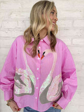 Load image into Gallery viewer, Queen Of Sparkles Pink Striped Sequin Swan Button Up Long Sleeve Top
