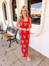 Load image into Gallery viewer, Queen Of Sparkles Red Multi Beaded Bow Ornament Cotton Midi Dress