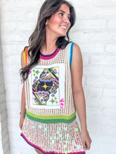 Load image into Gallery viewer, Queen Of Sparkles Ivory Rainbow Trim QOS Card Crochet Tank
