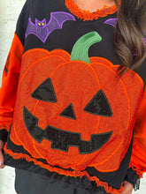 Load image into Gallery viewer, Queen Of Sparkles Multi Ruffle Lace Trim Pumpkin &amp; Bat Sweatshirt