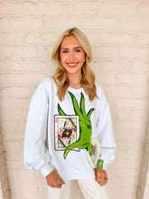Load image into Gallery viewer, Queen Of Sparkles White &amp; Green Hand Holding QOS Card Sweatshirt