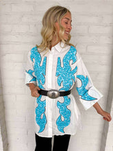 Load image into Gallery viewer, Queen Of Sparkles White &amp; Jeweled Turquoise Button Up Tunic