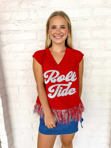 Queen of Sparkles Roll Tide fringe sweater with red and silver fringe and silver wording