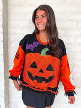 Load image into Gallery viewer, Queen Of Sparkles Multi Ruffle Lace Trim Pumpkin &amp; Bat Sweatshirt