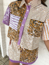 Load image into Gallery viewer, Queen Of Sparkles Purple, Yellow, &amp; Tiger Colorblock Sequin Pocket Top