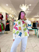 Load image into Gallery viewer, Queen Of Sparkles White Neon Multi Skull &amp; Crossbone Button Up Top