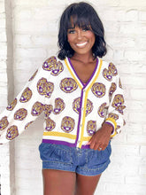 Load image into Gallery viewer, Queen Of Sparkles LSU Knit Mascot Cardigan