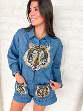 Load image into Gallery viewer, Queen Of Sparkles Denim Cotton Ruffle Tiger Patch Button Up Top