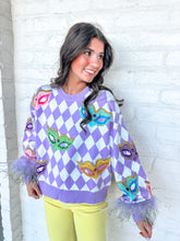Load image into Gallery viewer, Queen Of Sparkles Lavender &amp; White Diamond Multi Mask Feather Sweater