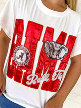 Load image into Gallery viewer, Close up view of Queen of Sparkles metallic BAMA graphic tee with mini icons and sequin roll tide wording