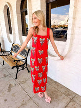 Load image into Gallery viewer, Queen Of Sparkles Red Multi Beaded Bow Ornament Cotton Midi Dress