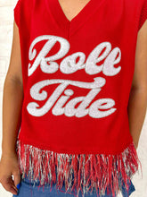 Load image into Gallery viewer, Close up view of Queen of Sparkles Roll Tide fringe sweater with red and silver fringe and silver sequin wording