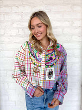 Load image into Gallery viewer, Queen Of Sparkles Colorblock Plaid Mardi Gras Beads Button Up Top