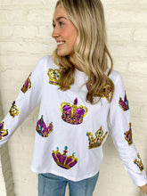 Load image into Gallery viewer, Mardi Gras Crown Jewel &amp; Sequin Long Sleeve Top (front &amp; back)