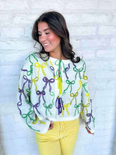 Load image into Gallery viewer, Queen Of Sparkles White Mardi Gras Bow Sweater