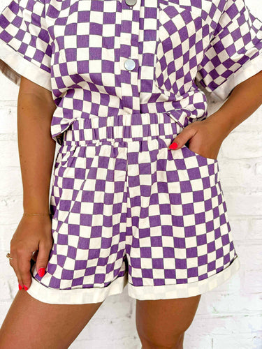 Check On Me Purple Denim Shorts