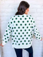 Load image into Gallery viewer, Queen Of Sparkles White &amp; Green Polka Dot Sequin Santa Sweater