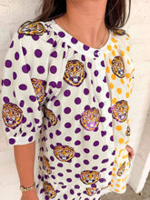 Load image into Gallery viewer, Queen Of Sparkles Licensed LSU Mascot Polka Dot Colorblock Button Up Top