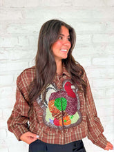 Load image into Gallery viewer, Queen Of Sparkles Brown Plaid Turkey Ruffle Patch Button Up