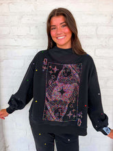 Load image into Gallery viewer, Queen Of Sparkles Black Rainbow Rhinestone QOS Card Logo Mock Neck Sweatshirt