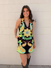 Load image into Gallery viewer, Queen Of Sparkles Black &amp; Neon Paisley Print V Neck Dress