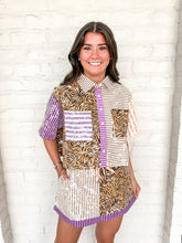 Load image into Gallery viewer, Queen Of Sparkles Purple, Yellow, &amp; Tiger Colorblock Sequin Skirt