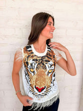 Load image into Gallery viewer, Queen Of Sparkles White Oversized Tiger Feather Trim Tank