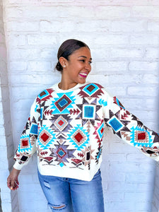 Queen Of Sparkles Beige Aztec Print Sweatshirt