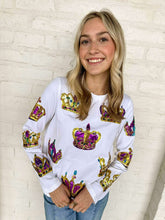 Load image into Gallery viewer, Mardi Gras Crown Jewel &amp; Sequin Long Sleeve Top (front &amp; back)