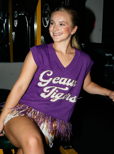 Queen Of Sparkles LSU Geaux Tigers Feather Sweater Top
