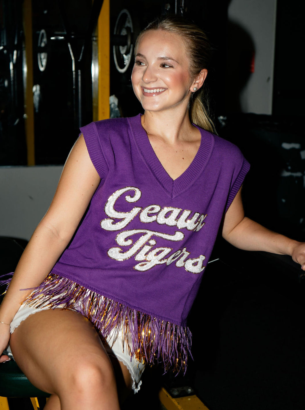 Queen Of Sparkles LSU Geaux Tigers Feather Sweater Top