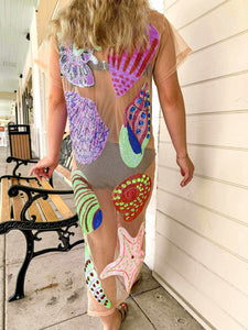 Queen Of Sparkles Beige Mesh Multi Shell Coverup Midi Dress