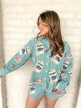 Load image into Gallery viewer, Queen Of Sparkles Green &amp; White Cafe Du Monde Icon Button Up