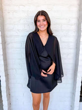 Load image into Gallery viewer, Wrap Me Up Black Cape Satin Dress