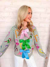 Load image into Gallery viewer, Queen Of Sparkles Grey Multi Candy Cane Multi Bow Sweater