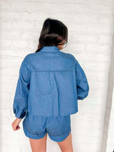 Load image into Gallery viewer, Queen Of Sparkles Denim Cotton Ruffle Tiger Patch Button Up Top
