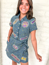 Load image into Gallery viewer, Queen Of Sparkles LSU Denim Multi Rhinestone Logo Tie Romper