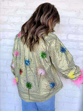 Load image into Gallery viewer, Queen Of Sparkles Gold Stripe Sparkler Feather Sleeve Top
