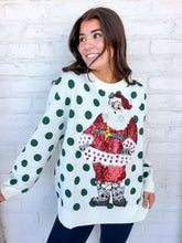 Load image into Gallery viewer, Queen Of Sparkles White &amp; Green Polka Dot Sequin Santa Sweater