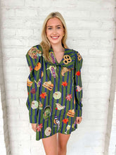 Load image into Gallery viewer, Queen Of Sparkles Dark Green &amp; Blue Striped Thanksgiving Icon Collar Dress