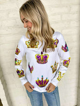 Load image into Gallery viewer, Mardi Gras Crown Jewel &amp; Sequin Long Sleeve Top (front &amp; back)