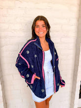 Load image into Gallery viewer, Queen Of Sparkles Navy Rhinestone Zip Up Fleece
